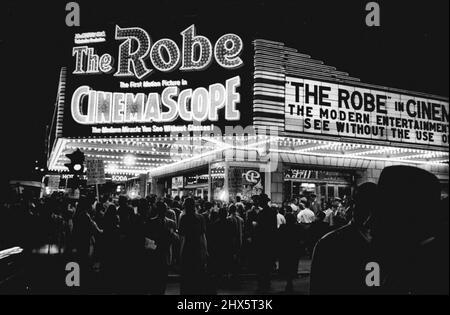 First Night Of 'The Robe' -- Exterior view of the Roxy Cinema, New York, where 'The Robe' is being shown. October 23, 1953. (Photo by Nick De Morgoli, Camera Press). Stock Photo