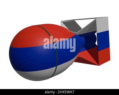 3d rendered illustration of a nuclear bomb with x-ray caution sign and Russian flag painting on it isolated on white. Stock Photo