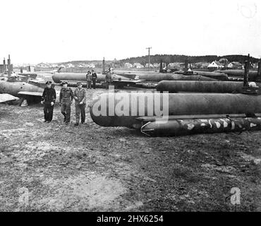 Britain's Navy Takes Over In Copenhagen -- General view in a field at Lynaes Fort Denmark, showing the collection of midget U-Boats. July 2, 1945. (Photo by British Official Photograph).;Britain's Navy Takes Over In Copenhagen -- General view in a field at Lynaes Fort Denmark, showing the collection of midget U-Boats. Stock Photo