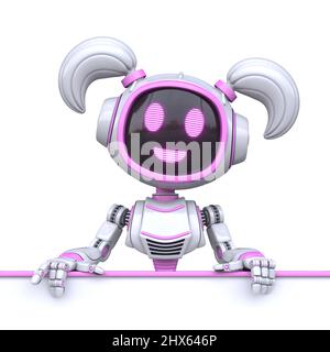 Cute pink girl robot holding blank white board 3D rendering illustration isolated on white background Stock Photo