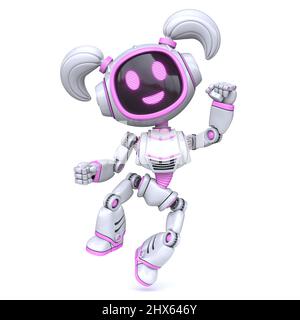 Cute pink girl robot happy jumping 3D rendering illustration isolated on white background Stock Photo