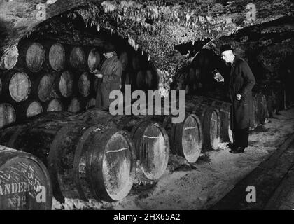 Cavern Full Of Christmas Cheer. Mr. A.N. Holland (right) foreman cooper, and Mr. F.F. Day, Vault Keeper, photographed checking barrels of wines from Spain and Portugal in the Crescent Vault at London Docke, with its fungus covered ceiling. From the P.L.A. vaults at London Docks, are coming barrels of wines to be bottled ready for the Christmas Season. There will be no shortage of wines for the home market. December 10, 1951. (Photo by Fox Photos). Stock Photo