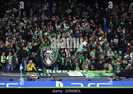 Manchester, UK. 03rd Mar, 2022. Sporting Lisbon fans during the UEFA Champions League round of 16 second leg match between Manchester City and Sporting Lisbon at Etihad stadium in Manchester. Will Palmer/SPP Credit: SPP Sport Press Photo. /Alamy Live News