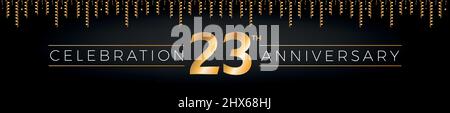 23th anniversary. Twenty-three years birthday celebration horizontal banner with bright golden color. Stock Vector