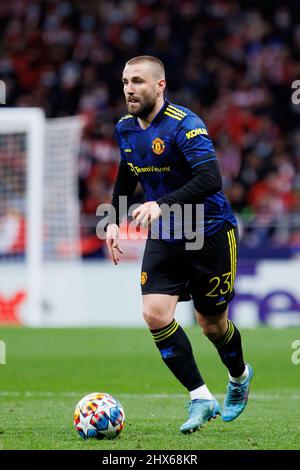 MADRID - FEB 23: Luke Shaw in action at the Champions League match between Club Atletico de Madrid and Manchester United at the Metropolitano Stadium Stock Photo