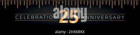 25th anniversary. Twenty-five years birthday celebration horizontal banner with bright golden color. Stock Vector