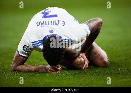 Madrid, Spain. 9th Mar, 2022. Eder Militao of Real Madrid reacts during a UEFA Champions League round of 16 second leg match between Real Madrid of Spain and Paris Saint-Germain of France in Madrid, Spain, March 9, 2022. Credit: Meng Dingbo/Xinhua/Alamy Live News Stock Photo