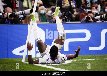 Madrid, Spain. 9th Mar, 2022. Vinicius Jr. of Real Madrid reacts during a UEFA Champions League round of 16 second leg match between Real Madrid of Spain and Paris Saint-Germain of France in Madrid, Spain, March 9, 2022. Credit: Meng Dingbo/Xinhua/Alamy Live News Stock Photo