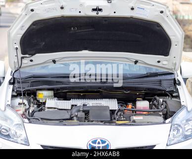 Swat, Pakistan, February 21,2022: Toyota prius with open hood Stock Photo