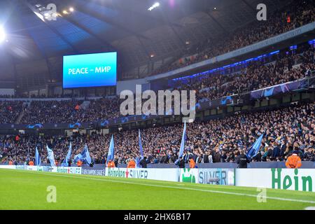 Manchester, UK. 03rd Mar, 2022. The word peace is displayed around the ground ahead of the UEFA Champions League round of 16 second leg match between Manchester City and Sporting Lisbon at Etihad stadium in Manchester. Will Palmer/SPP Credit: SPP Sport Press Photo. /Alamy Live News