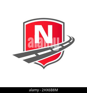 Transport Logo With Shield Concept On Letter N Concept. N Letter Transportation Road Logo Design Freight Template Stock Vector