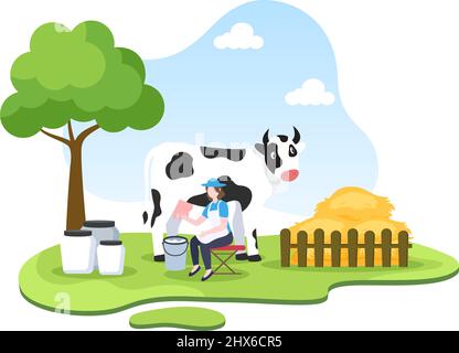 Farmers are Milking Cows to Produce or Obtain Milk with Views of Green Meadows or on Farms in an Illustration Flat Style Stock Vector