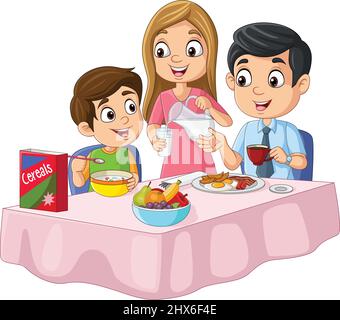 Cartoon happy family having breakfast on the table Stock Vector Image & Art  - Alamy