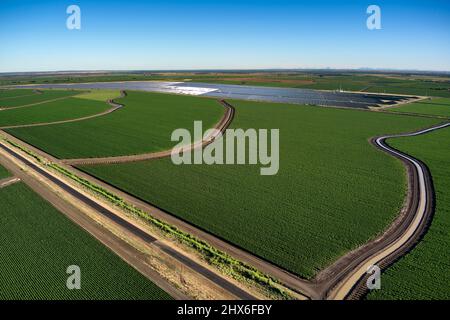 Aerial view of lush green cotton agricultural fields with winding roads and water body irrigated cotton fields and solar farm near Emerald Queensland Stock Photo