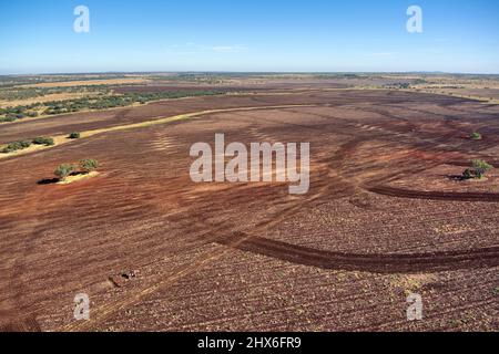 Aerial of cultivated land ready for planting of broadacre crops. Peak Downs Highway near Clermont Queensland Australia Stock Photo