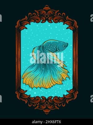 illustration beautiful betta fish on vintage aquarium Stock Vector