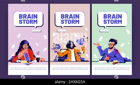 Brainstorm posters with people on meeting think together. Concept of teamwork, communication in company, find creative idea and solution. Vector banners of brainstorming Stock Vector