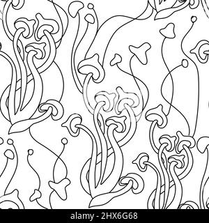 Freehand drawn line magic mushrooms seamless pattern. Stock Vector