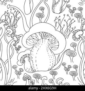 Freehand drawn line magic mushrooms seamless pattern. Stock Vector
