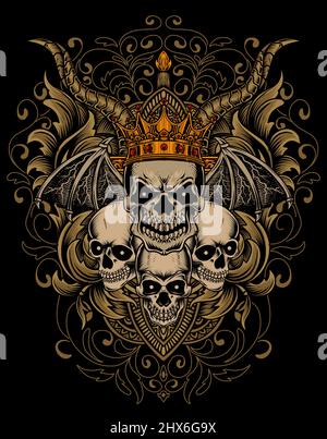 illustration king skull with vintage engraving ornament Stock Vector