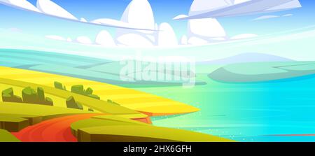 Rustic autumn meadow landscape, rural yellow field with dirt road, water pond, sea or river and fluffy clouds on horizon. Farmland scenery countryside fall season nature, Cartoon vector background Stock Vector