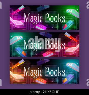 Magic books posters with mystic interior of library or store with literature. Vector horizontal banners with fantasy colorful cartoon illustration of flying open books and shelves on background Stock Vector