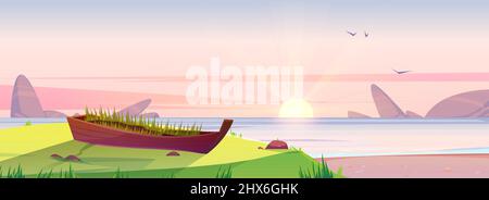 Sunrise beach and old wooden boat with growing grass inside, dawn nature background. Early morning ocean landscape, pink sky with shining sun above sea water, scenery shore Cartoon vector illustration Stock Vector