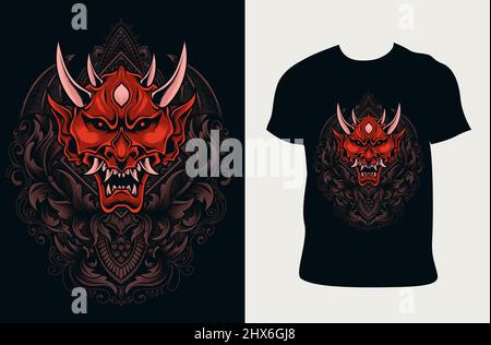 illustration demon mask with vintage engraving ornament on t shirt design Stock Vector