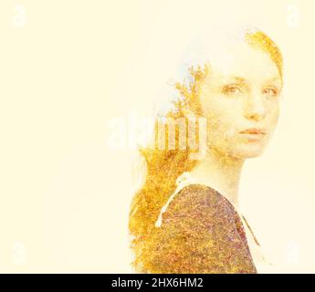 True beauty is reflected in the soul. Composite image of nature superimposed on a womans face. Stock Photo