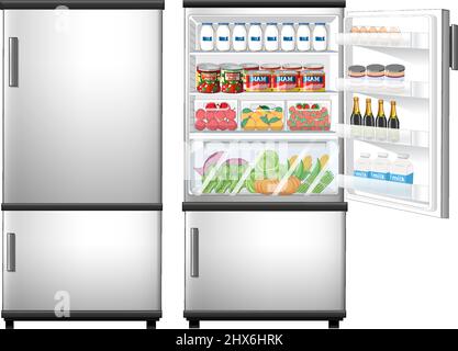 Refrigerator closed and opened door with lots of food illustration Stock Vector