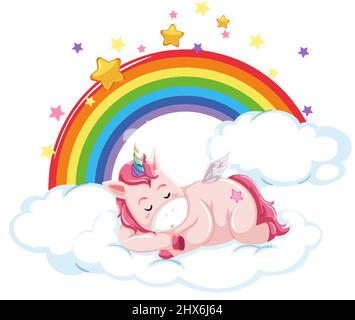 Pink unicorn lying on cloud with rainbow in cartoon style illustration Stock Vector