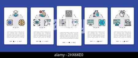 Set of Artificial Intelligence mobile app screens. Robotics, Chatbot, Database, Big Data vertical banners with colored line icons. Stock Vector