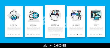 Set of Artificial Intelligence vertical banners. Robotics, Chatbot, Database, Big Data mobile app screens with color icons. Stock Vector