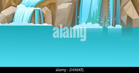 Lake in mountains. Waterfall among rocks. Cascade shimmers downward. Water flowing. Vector. Stock Vector