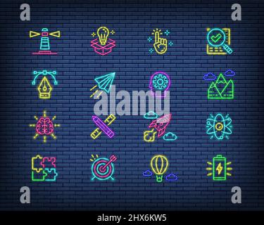 Set of Creative neon sign. Checklist, Innovation, Lighthouse, Air Balloon, Puzzle and more. Stock Vector