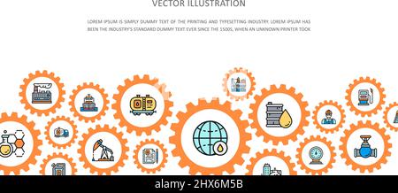 Oil industry landing page with colored icons. Fuel Truck, Engineer, Gasoline, Cargo Ship business icon banner. Stock Vector