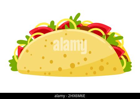 Cartoon Taco with meat with vegetables vector illustration Mexican traditional food. Isolated on white background. Stock Vector