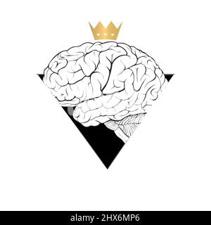 Worshiping  the human mind concept in the form of a brain with a crown. Illustration Stock Photo