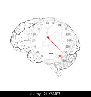 Red arrow of blood pressure dial on the brain, Isolated on white background Stock Photo