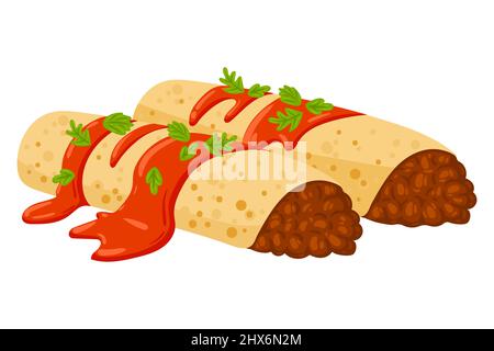 Cartoon Enchiladas Mexican food vector illustration. Traditional Mexican Cuisine. Enchiladas with sauce isolated on white background. Stock Vector