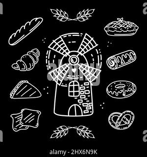 Set of baked goods, hand-drawn elements in doodle style. Mill for grinding grain. Flour products: bread, bagel, croissants and sandwich. Spike of whea Stock Vector