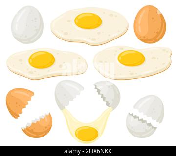 Cartoon chicken eggs vector illustration set. Fresh, fried eggs, broken eggs. Organic farm food isolated on white background. Stock Vector