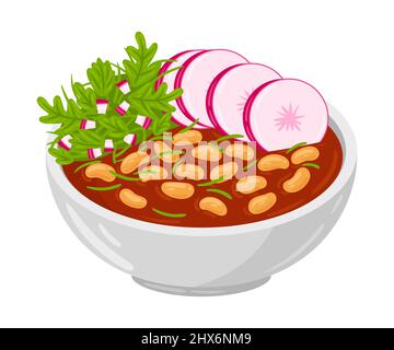 Cartoon Pozole Mexican soup vector illustration. Traditional Mexican Cuisine. Pozole soup isolated on white background. Stock Vector