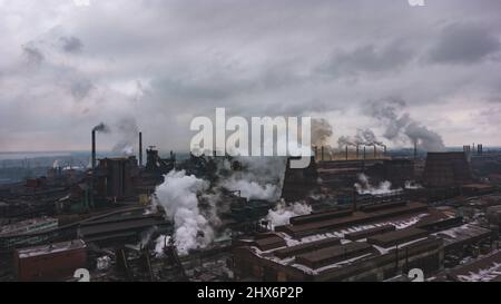 industry metallurgical plant dawn smoke smog emissions bad ecology aerial photography Stock Photo