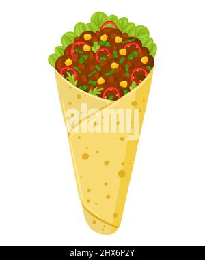 Cartoon Burrito with meat and vegetables. Mexican traditional food. Vector illustration. Isolated on white background. Stock Vector