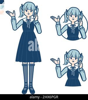 A young woman in gothic lolita costume with Call on smartphone images.It's vector art so it's easy to edit. Stock Vector