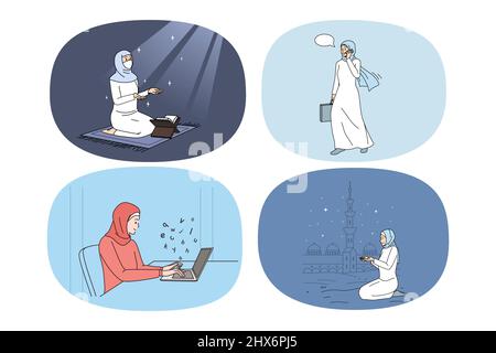 Set of Arabian woman in traditional clothes in daily life. Collection of Arabic female in hijab work on computer and pray to Allah. Arab community and religion. Flat vector illustration.  Stock Vector