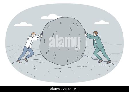Business rivals and leadership concept. Two young businessmen pulling haystack towards each other having competition between them vector illustration  Stock Vector