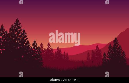 Aesthetic panoramic views of mountains with big trees from out of the city at sunset. Vector illustration of a city Stock Vector