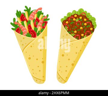 Cartoon Burritos with meat and vegetables. Mexican traditional food. Vector illustration. Isolated on white background. Stock Vector